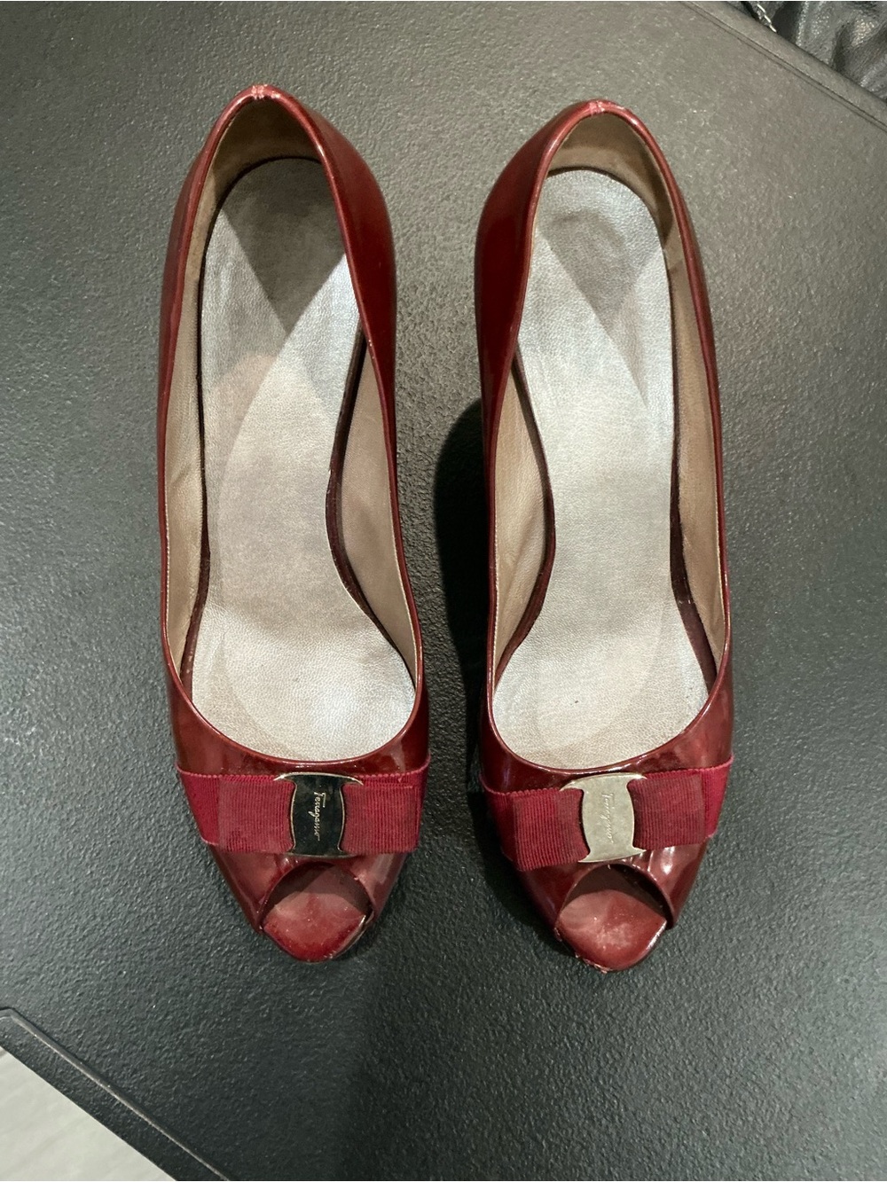 Salvatore Ferragamo burgundy patent leather  Vara Bow peep- toe pump size 11 B